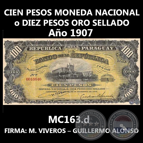 DIEZ PESOS ORO SELLADO - FIRMA: M. VIVEROS – GUILLERMO ALONSO